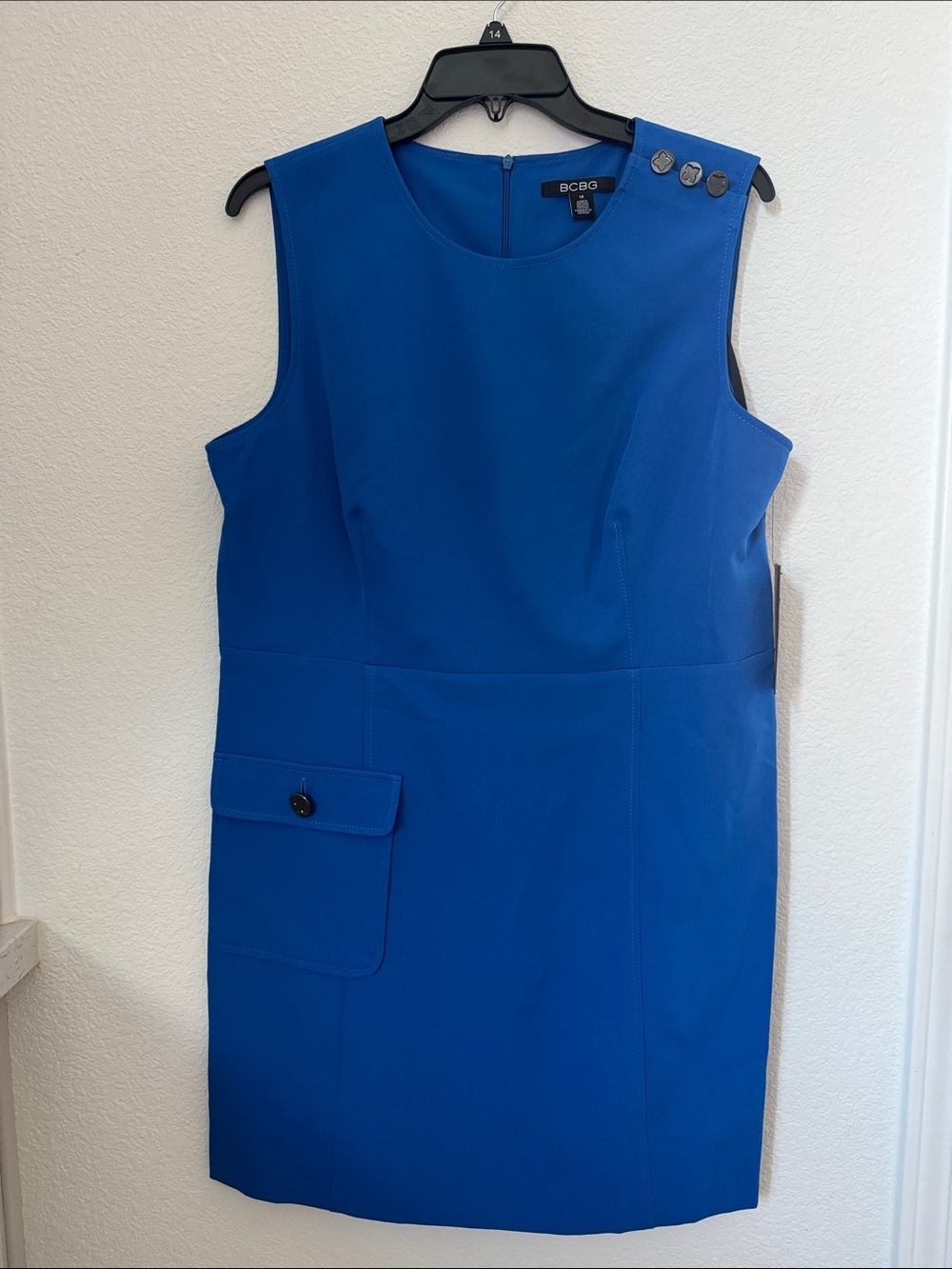 BCBG Vibrant Blue Sleeveless Sheath Dress with Button Accents